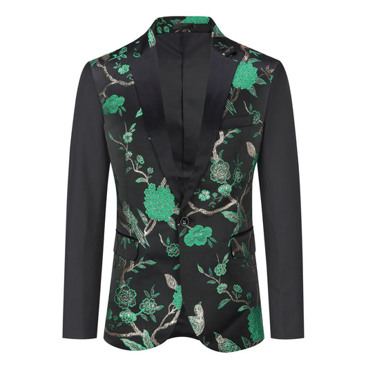 Green # Men's slim fit 2-piece embroidered floral suit with notched lapel and single-breasted button closure, green formal blazer jacket with center back vent and fully lined interior, matching flat-front trousers for wedding, prom, party and special occasions, isolated on white background.