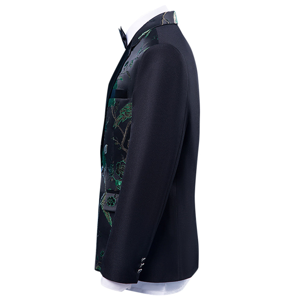 Green # Men's slim fit 2-piece embroidered floral suit with notched lapel and single-breasted button closure, green formal blazer jacket with center back vent and fully lined interior, matching flat-front trousers for wedding, prom, party and special occasions, isolated on white background.