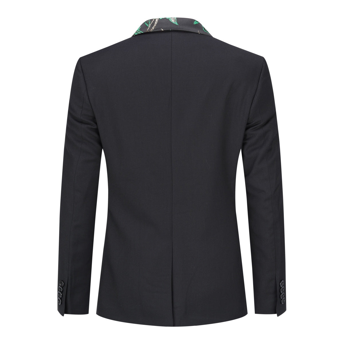 Green # Men's slim fit 2-piece embroidered floral suit with notched lapel and single-breasted button closure, green formal blazer jacket with center back vent and fully lined interior, matching flat-front trousers for wedding, prom, party and special occasions, isolated on white background.