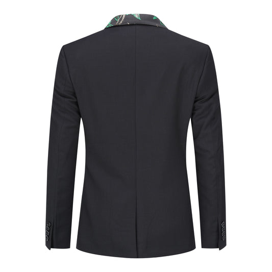 Green # Men's slim fit 2-piece embroidered floral suit with notched lapel and single-breasted button closure, green formal blazer jacket with center back vent and fully lined interior, matching flat-front trousers for wedding, prom, party and special occasions, isolated on white background.
