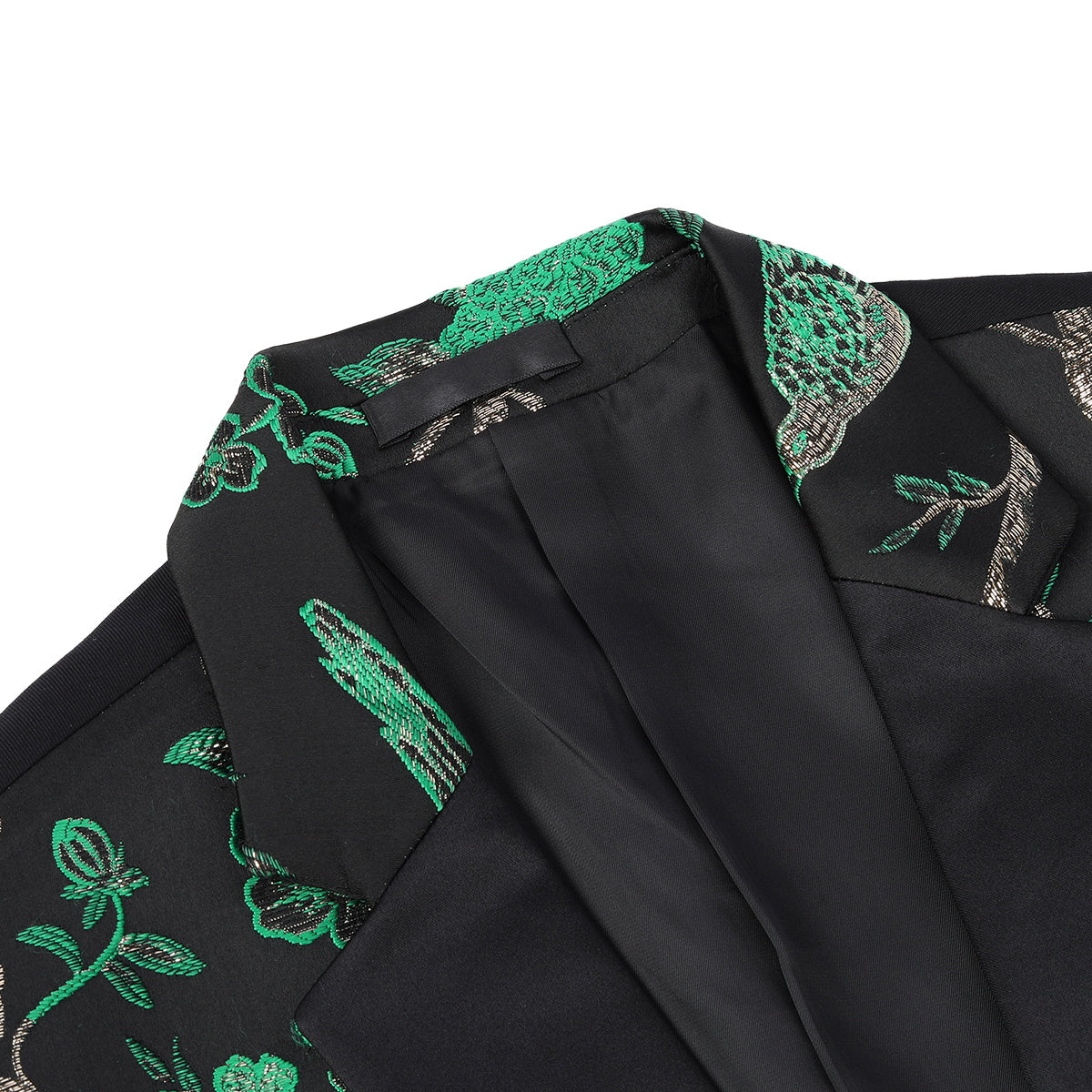 Green # Men's slim fit 2-piece embroidered floral suit with notched lapel and single-breasted button closure, green formal blazer jacket with center back vent and fully lined interior, matching flat-front trousers for wedding, prom, party and special occasions, isolated on white background.