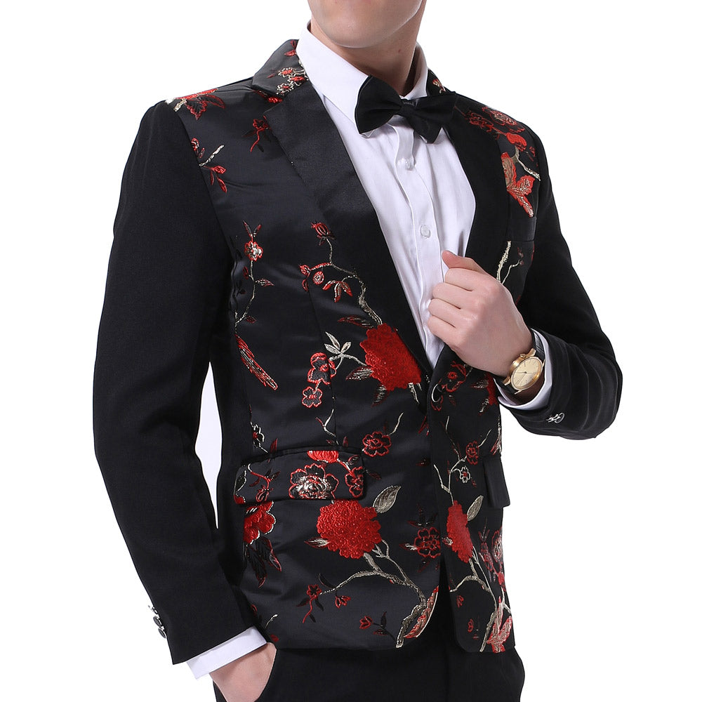Red # Men's slim fit 2-piece embroidered floral suit with notched lapel and single-breasted button closure, red formal blazer jacket with floral embroidery and center back vent, fully lined with matching trousers for wedding, prom, party and special occasions, isolated on white background.