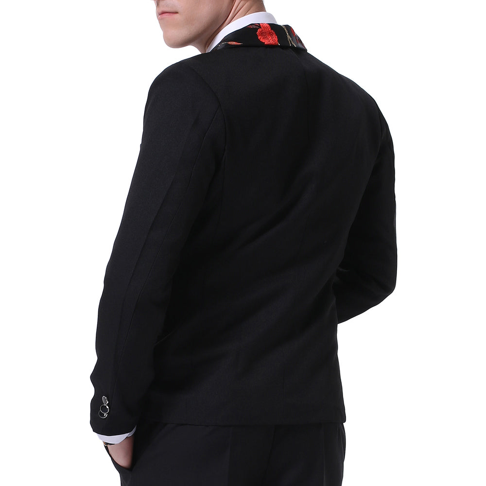 Red # Men's slim fit 2-piece embroidered floral suit with notched lapel and single-breasted button closure, red formal blazer jacket with floral embroidery and center back vent, fully lined with matching trousers for wedding, prom, party and special occasions, isolated on white background.