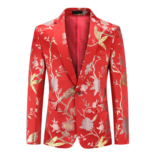 Red # Men's one-button notched lapel embroidered suit with single-breasted closure and slim fit, soft and breathable polyester spandex formal blazer jacket with elegant embroidery, matching trousers for party, prom, banquet, show, festival and special occasions, isolated on white background.