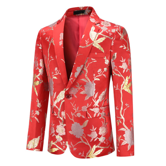 Red # Men's one-button notched lapel embroidered suit with single-breasted closure and slim fit, soft and breathable polyester spandex formal blazer jacket with elegant embroidery, matching trousers for party, prom, banquet, show, festival and special occasions, isolated on white background.