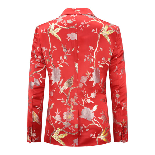 Red # Men's one-button notched lapel embroidered suit with single-breasted closure and slim fit, soft and breathable polyester spandex formal blazer jacket with elegant embroidery, matching trousers for party, prom, banquet, show, festival and special occasions, isolated on white background.