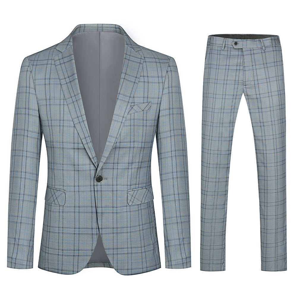 Grey # Men's slim fit 2-piece plaid stripe casual suit with notched lapel and single-breasted closure, grey checkered blazer jacket with 3D tailored cut and matching trousers, versatile business and casual wear for office, wedding, party and daily occasions, isolated on white background.