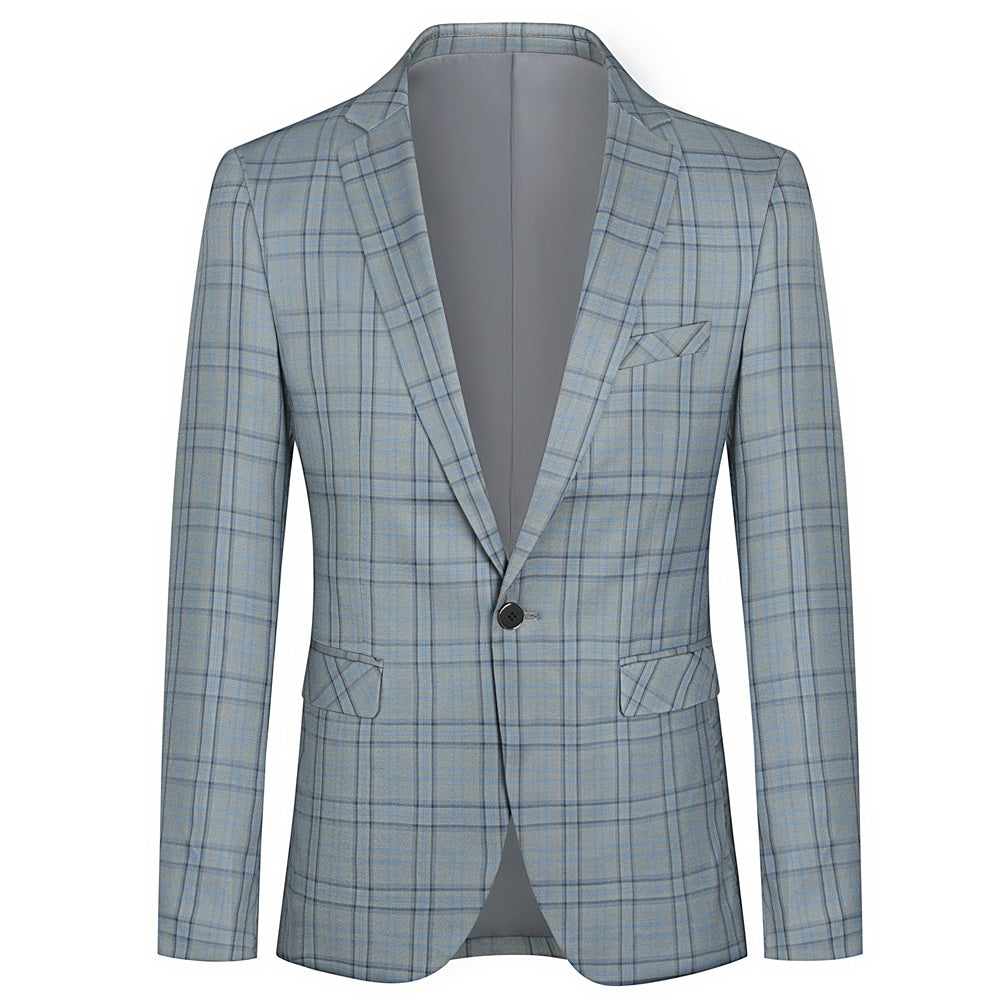 Grey # Men's slim fit 2-piece plaid stripe casual suit with notched lapel and single-breasted closure, grey checkered blazer jacket with 3D tailored cut and matching trousers, versatile business and casual wear for office, wedding, party and daily occasions, isolated on white background.