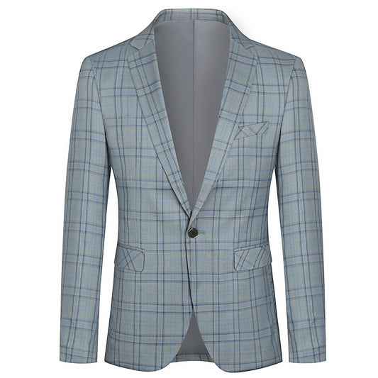 Grey # Men's slim fit 2-piece plaid stripe casual suit with notched lapel and single-breasted closure, grey checkered blazer jacket with 3D tailored cut and matching trousers, versatile business and casual wear for office, wedding, party and daily occasions, isolated on white background.