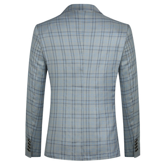 Grey # Men's slim fit 2-piece plaid stripe casual suit with notched lapel and single-breasted closure, grey checkered blazer jacket with 3D tailored cut and matching trousers, versatile business and casual wear for office, wedding, party and daily occasions, isolated on white background.