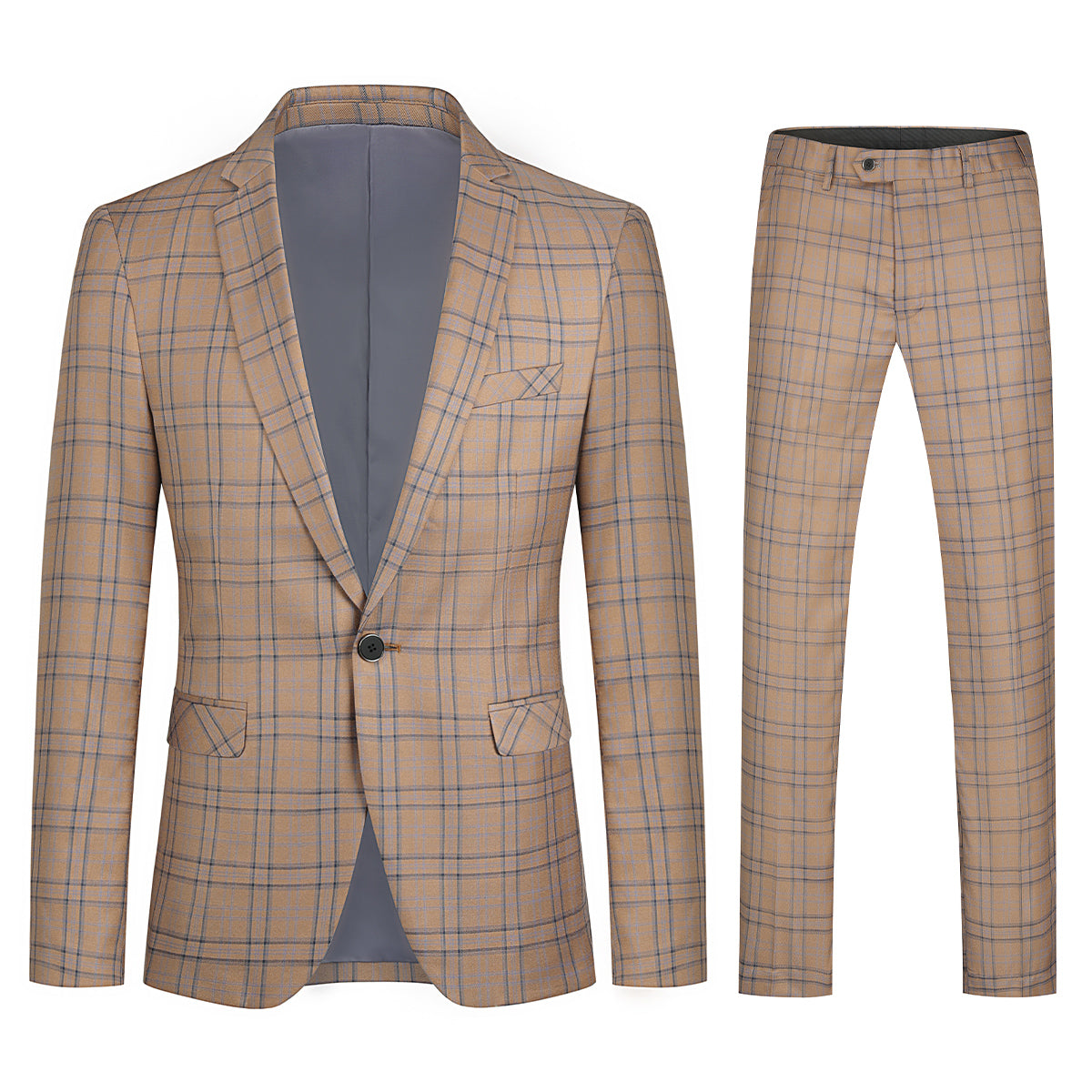 Deep Khaki # Men's slim fit 2-piece plaid stripe casual suit with notched lapel and single-breasted closure, deep khaki checkered blazer jacket with matching trousers, versatile business and casual wear for office, wedding, party and daily events, isolated on white background.