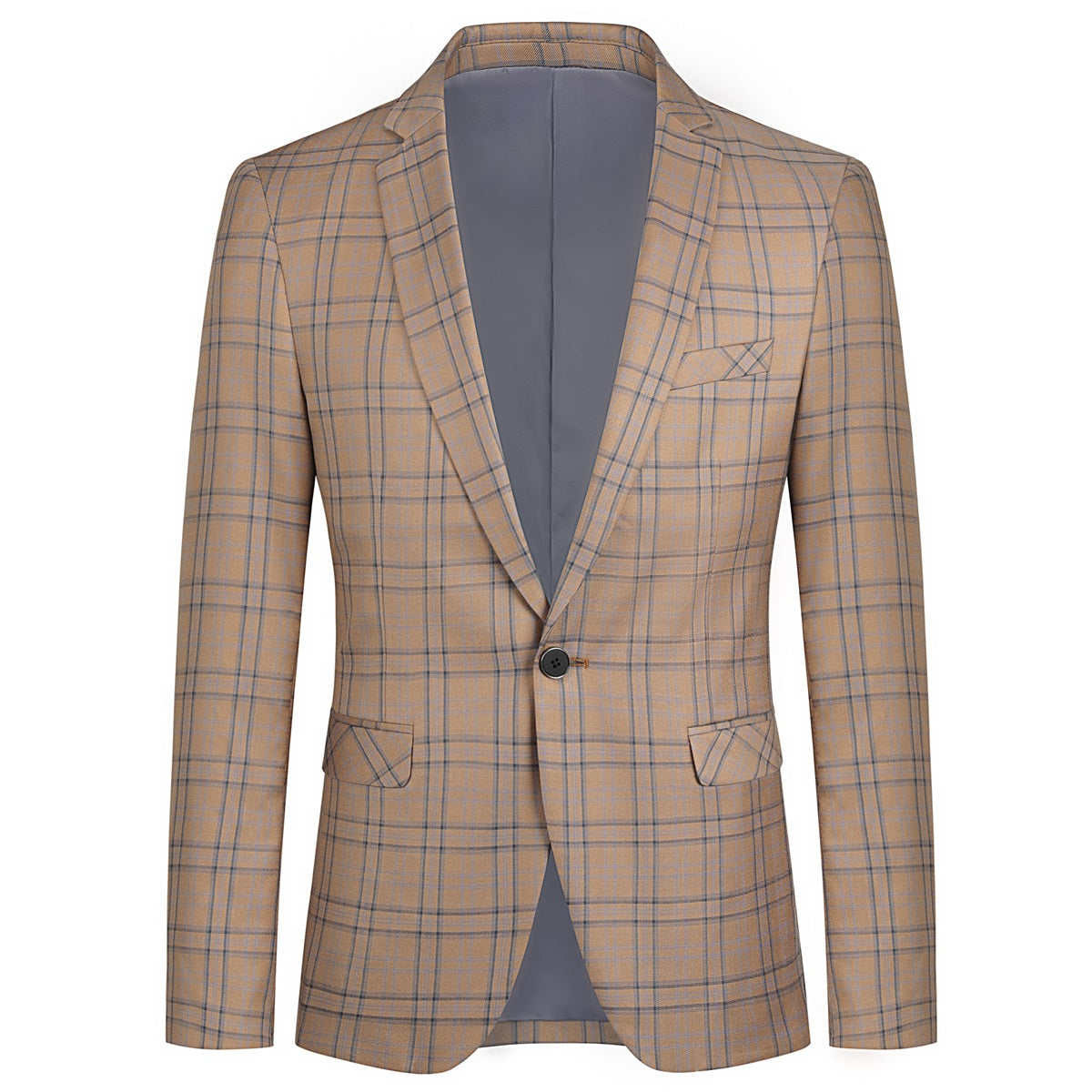 Deep Khaki # Men's slim fit 2-piece plaid stripe casual suit with notched lapel and single-breasted closure, deep khaki checkered blazer jacket with matching trousers, versatile business and casual wear for office, wedding, party and daily events, isolated on white background.