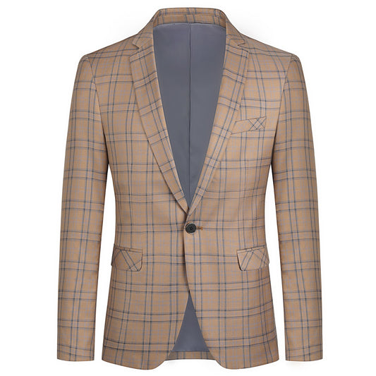 Deep Khaki # Men's slim fit 2-piece plaid stripe casual suit with notched lapel and single-breasted closure, deep khaki checkered blazer jacket with matching trousers, versatile business and casual wear for office, wedding, party and daily events, isolated on white background.