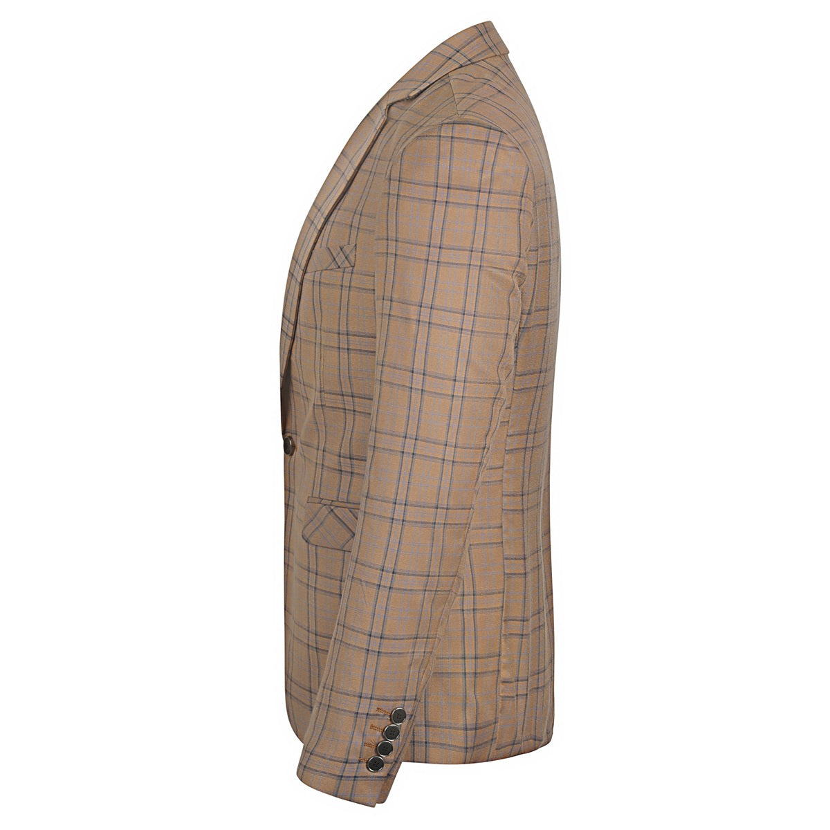 Deep Khaki # Men's slim fit 2-piece plaid stripe casual suit with notched lapel and single-breasted closure, deep khaki checkered blazer jacket with matching trousers, versatile business and casual wear for office, wedding, party and daily events, isolated on white background.