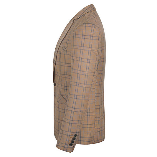 Deep Khaki # Men's slim fit 2-piece plaid stripe casual suit with notched lapel and single-breasted closure, deep khaki checkered blazer jacket with matching trousers, versatile business and casual wear for office, wedding, party and daily events, isolated on white background.