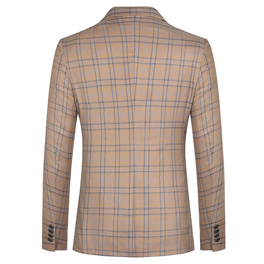 Deep Khaki # Men's slim fit 2-piece plaid stripe casual suit with notched lapel and single-breasted closure, deep khaki checkered blazer jacket with matching trousers, versatile business and casual wear for office, wedding, party and daily events, isolated on white background.