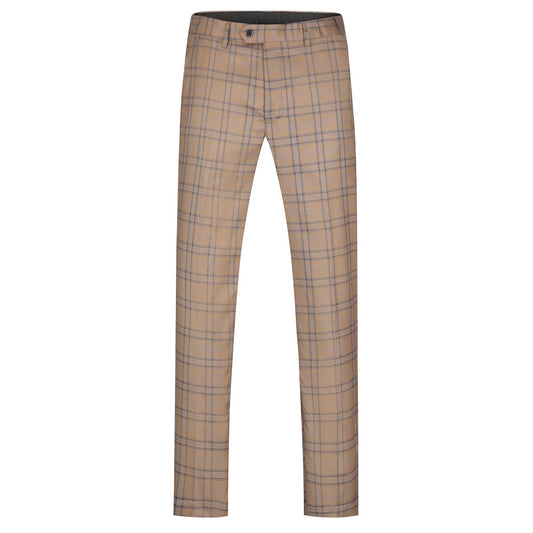 Deep Khaki # Men's slim fit 2-piece plaid stripe casual suit with notched lapel and single-breasted closure, deep khaki checkered blazer jacket with matching trousers, versatile business and casual wear for office, wedding, party and daily events, isolated on white background.