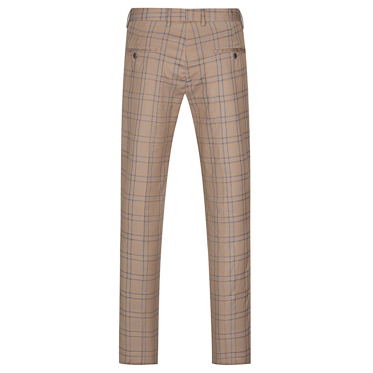 Deep Khaki # Men's slim fit 2-piece plaid stripe casual suit with notched lapel and single-breasted closure, deep khaki checkered blazer jacket with matching trousers, versatile business and casual wear for office, wedding, party and daily events, isolated on white background.