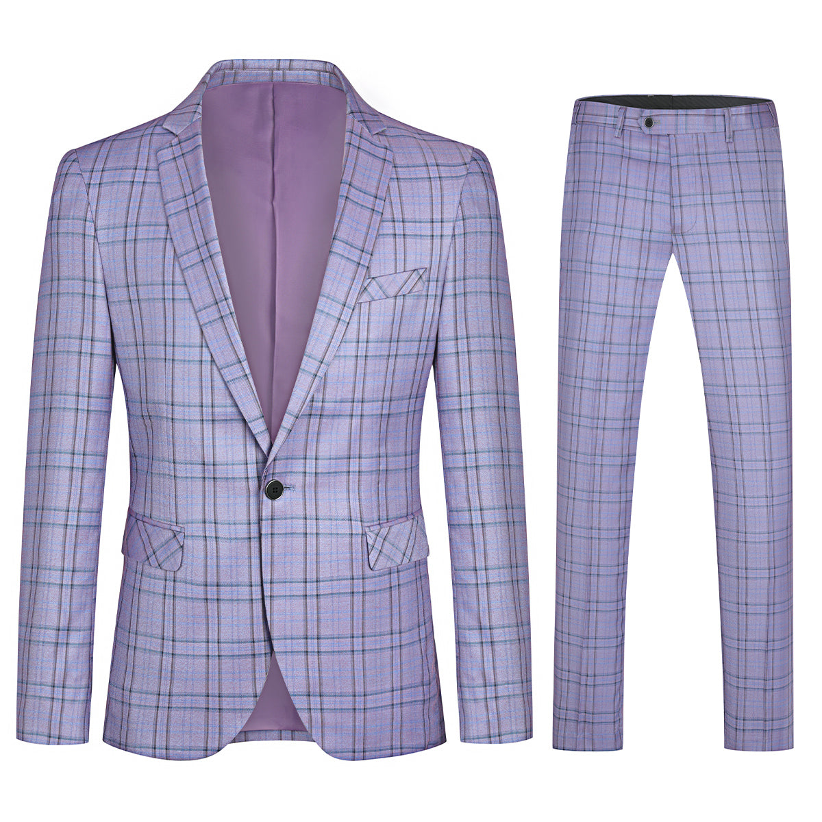Purple # Men's slim fit 2-piece plaid stripe suit with notched lapel and single-breasted closure, purple checkered casual blazer jacket with matching trousers, stylish business and casual wear for office, wedding, party and daily events, isolated on white background.