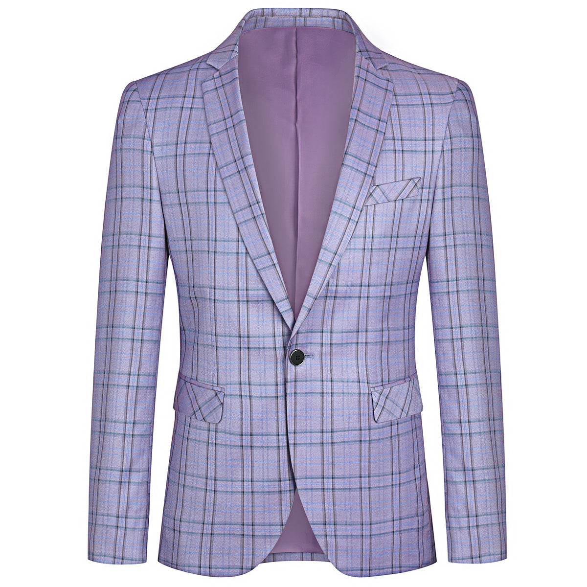 Purple # Men's slim fit 2-piece plaid stripe suit with notched lapel and single-breasted closure, purple checkered casual blazer jacket with matching trousers, stylish business and casual wear for office, wedding, party and daily events, isolated on white background.