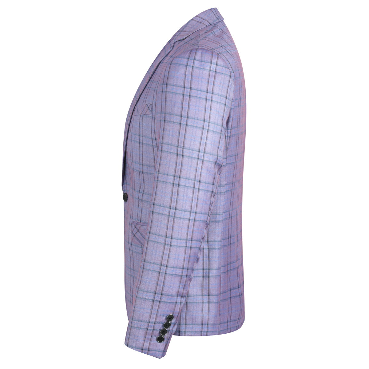 Purple # Men's slim fit 2-piece plaid stripe suit with notched lapel and single-breasted closure, purple checkered casual blazer jacket with matching trousers, stylish business and casual wear for office, wedding, party and daily events, isolated on white background.
