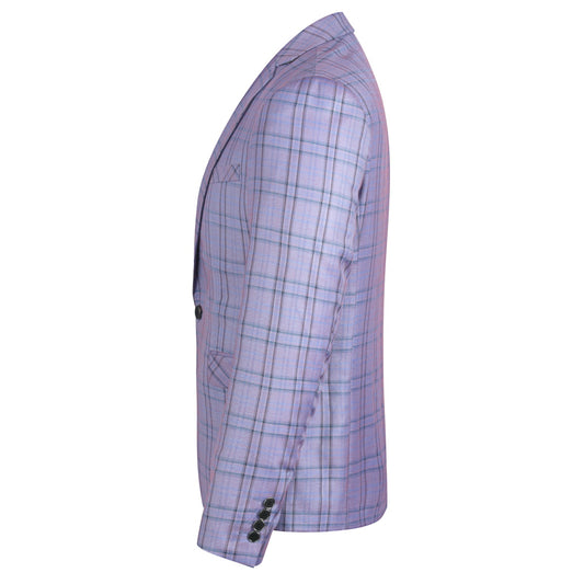 Purple # Men's slim fit 2-piece plaid stripe suit with notched lapel and single-breasted closure, purple checkered casual blazer jacket with matching trousers, stylish business and casual wear for office, wedding, party and daily events, isolated on white background.