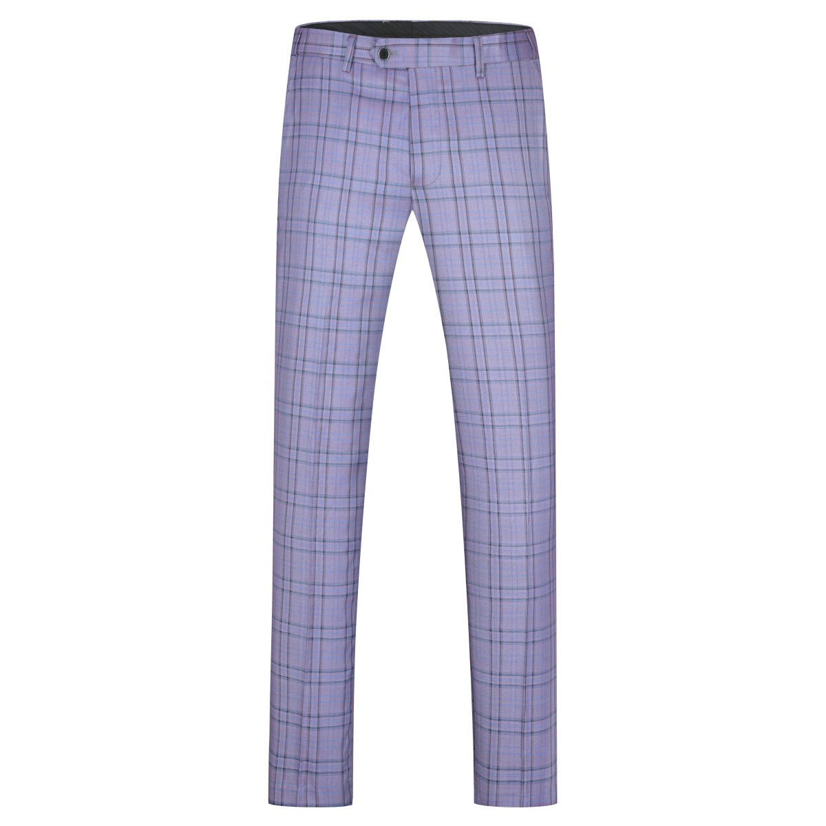 Purple # Men's slim fit 2-piece plaid stripe suit with notched lapel and single-breasted closure, purple checkered casual blazer jacket with matching trousers, stylish business and casual wear for office, wedding, party and daily events, isolated on white background.