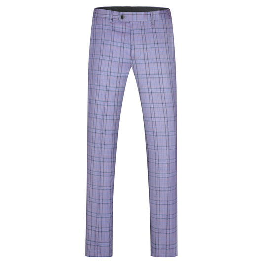 Purple # Men's slim fit 2-piece plaid stripe suit with notched lapel and single-breasted closure, purple checkered casual blazer jacket with matching trousers, stylish business and casual wear for office, wedding, party and daily events, isolated on white background.
