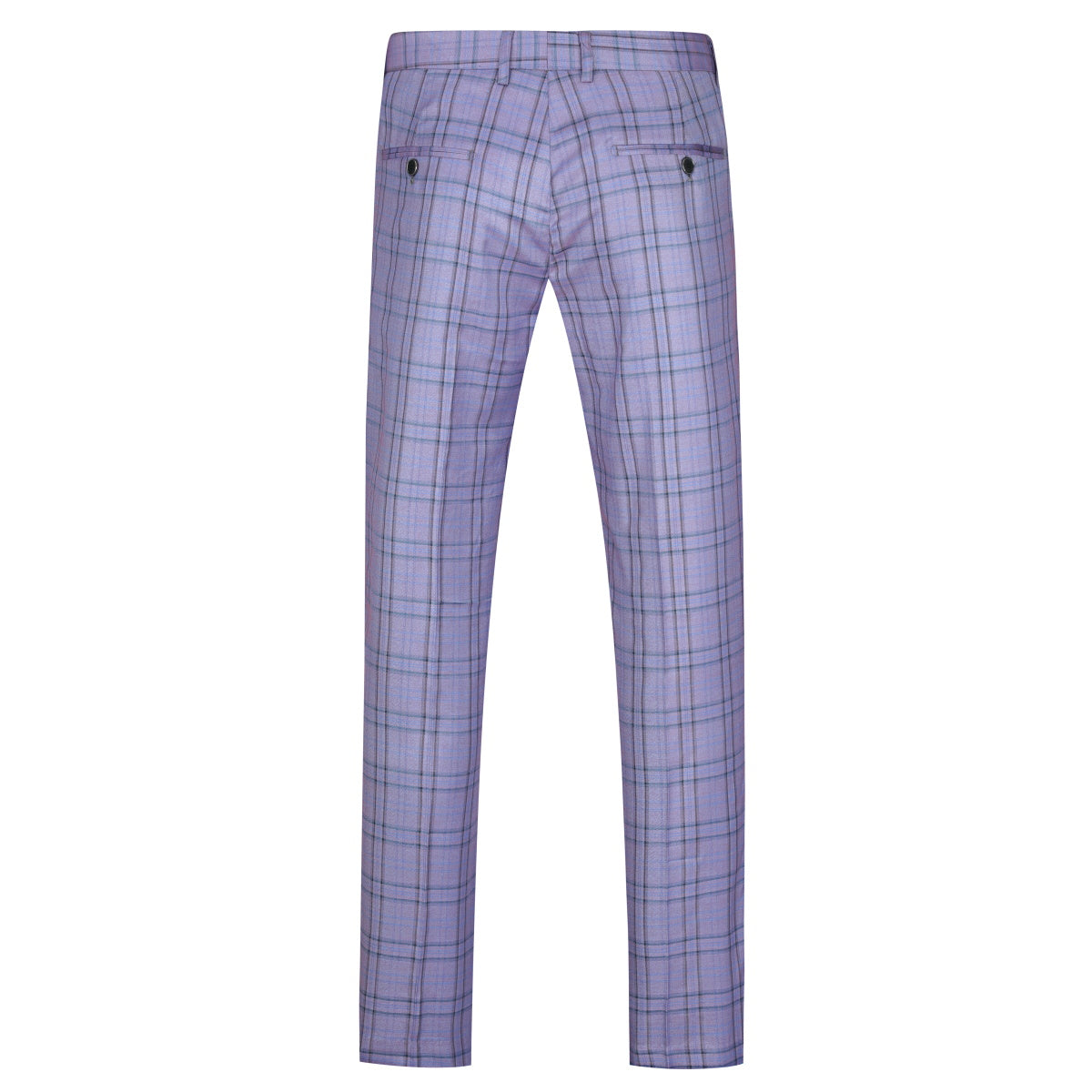 Purple # Men's slim fit 2-piece plaid stripe suit with notched lapel and single-breasted closure, purple checkered casual blazer jacket with matching trousers, stylish business and casual wear for office, wedding, party and daily events, isolated on white background.
