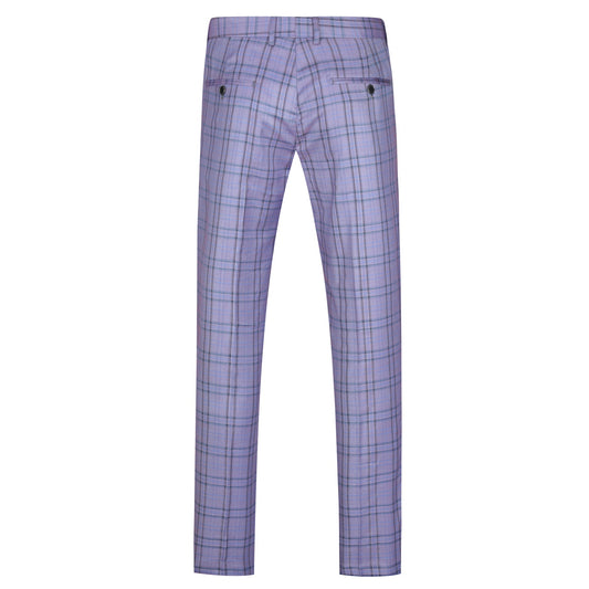 Purple # Men's slim fit 2-piece plaid stripe suit with notched lapel and single-breasted closure, purple checkered casual blazer jacket with matching trousers, stylish business and casual wear for office, wedding, party and daily events, isolated on white background.