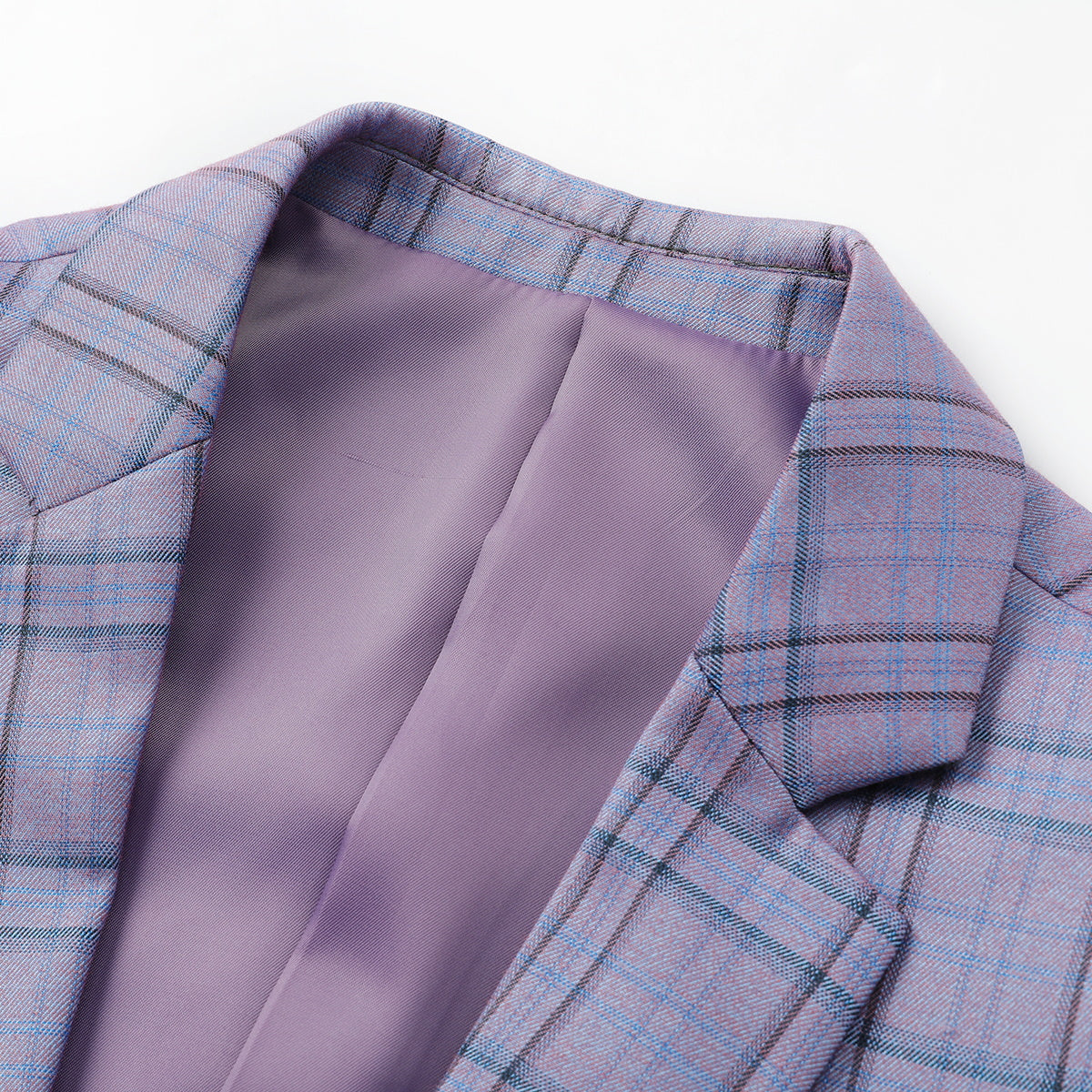 Purple # Men's slim fit 2-piece plaid stripe suit with notched lapel and single-breasted closure, purple checkered casual blazer jacket with matching trousers, stylish business and casual wear for office, wedding, party and daily events, isolated on white background.