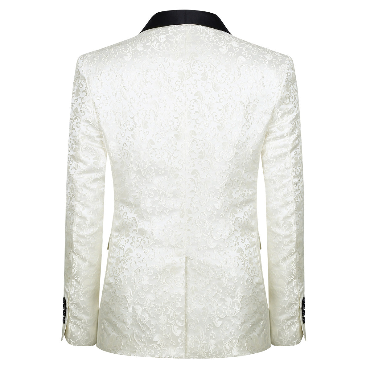 White # Men's floral jacquard dress suit jacket with black shawl collar and single-breasted closure, white printed tux blazer with center vent, exquisite floral pattern, 3D tailored fit and full shoulder design, versatile formal coat for party, prom, wedding, banquet and celebration, isolated on white background.