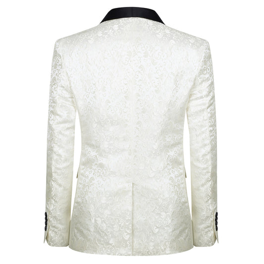 White # Men's floral jacquard dress suit jacket with black shawl collar and single-breasted closure, white printed tux blazer with center vent, exquisite floral pattern, 3D tailored fit and full shoulder design, versatile formal coat for party, prom, wedding, banquet and celebration, isolated on white background.