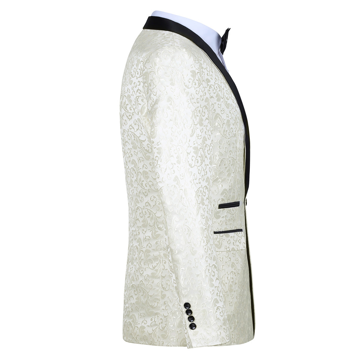 White # Men's floral jacquard dress suit jacket with black shawl collar and single-breasted closure, white printed tux blazer with center vent, exquisite floral pattern, 3D tailored fit and full shoulder design, versatile formal coat for party, prom, wedding, banquet and celebration, isolated on white background.