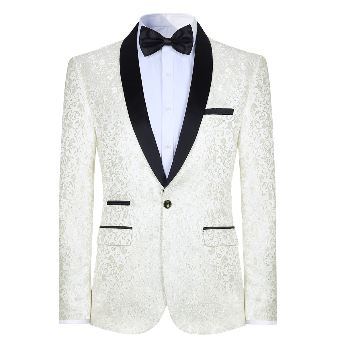 White # Men's floral jacquard dress suit jacket with black shawl collar and single-breasted closure, white printed tux blazer with center vent, exquisite floral pattern, 3D tailored fit and full shoulder design, versatile formal coat for party, prom, wedding, banquet and celebration, isolated on white background.