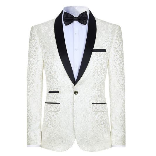 White # Men's floral jacquard dress suit jacket with black shawl collar and single-breasted closure, white printed tux blazer with center vent, exquisite floral pattern, 3D tailored fit and full shoulder design, versatile formal coat for party, prom, wedding, banquet and celebration, isolated on white background.