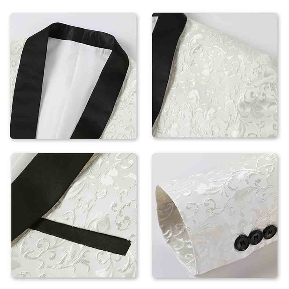 White # Men's floral jacquard dress suit jacket with black shawl collar and single-breasted closure, white printed tux blazer with center vent, exquisite floral pattern, 3D tailored fit and full shoulder design, versatile formal coat for party, prom, wedding, banquet and celebration, isolated on white background.