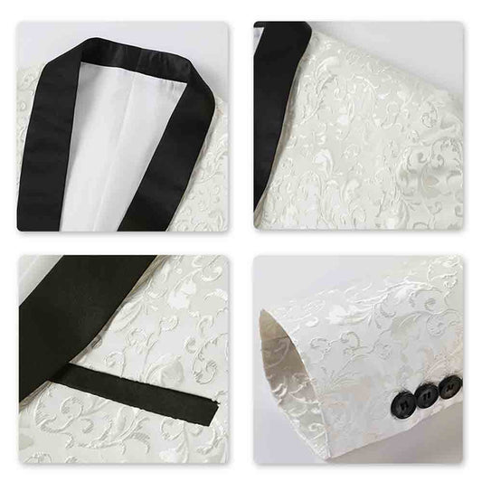 White # Men's floral jacquard dress suit jacket with black shawl collar and single-breasted closure, white printed tux blazer with center vent, exquisite floral pattern, 3D tailored fit and full shoulder design, versatile formal coat for party, prom, wedding, banquet and celebration, isolated on white background.