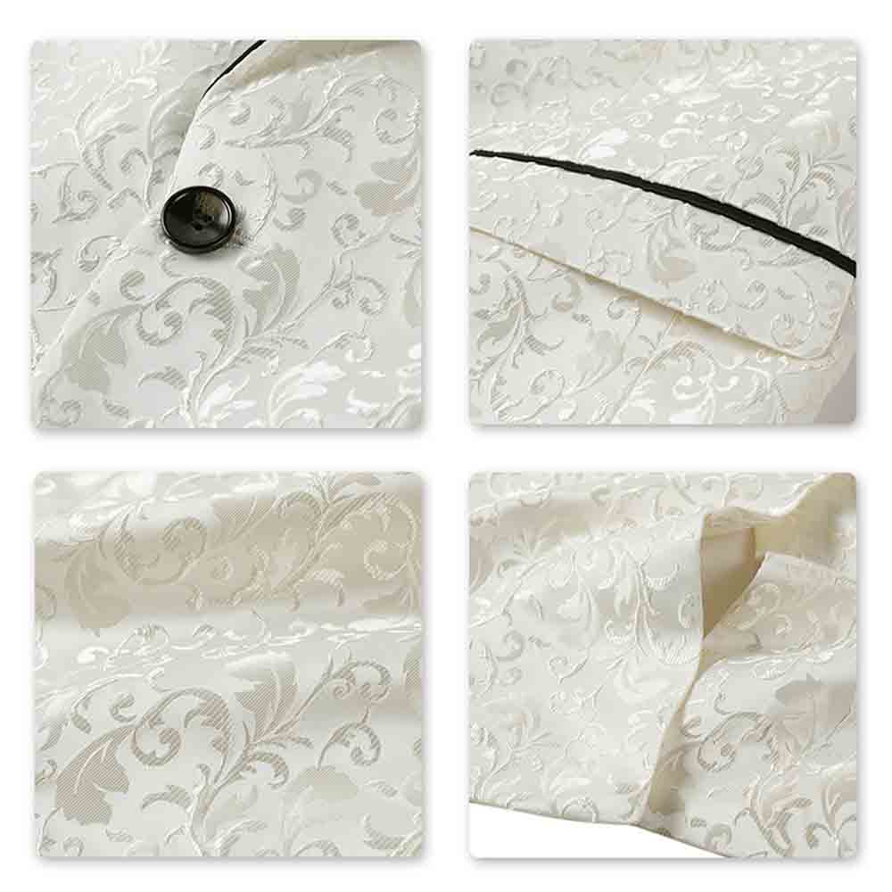 White # Men's floral jacquard dress suit jacket with black shawl collar and single-breasted closure, white printed tux blazer with center vent, exquisite floral pattern, 3D tailored fit and full shoulder design, versatile formal coat for party, prom, wedding, banquet and celebration, isolated on white background.