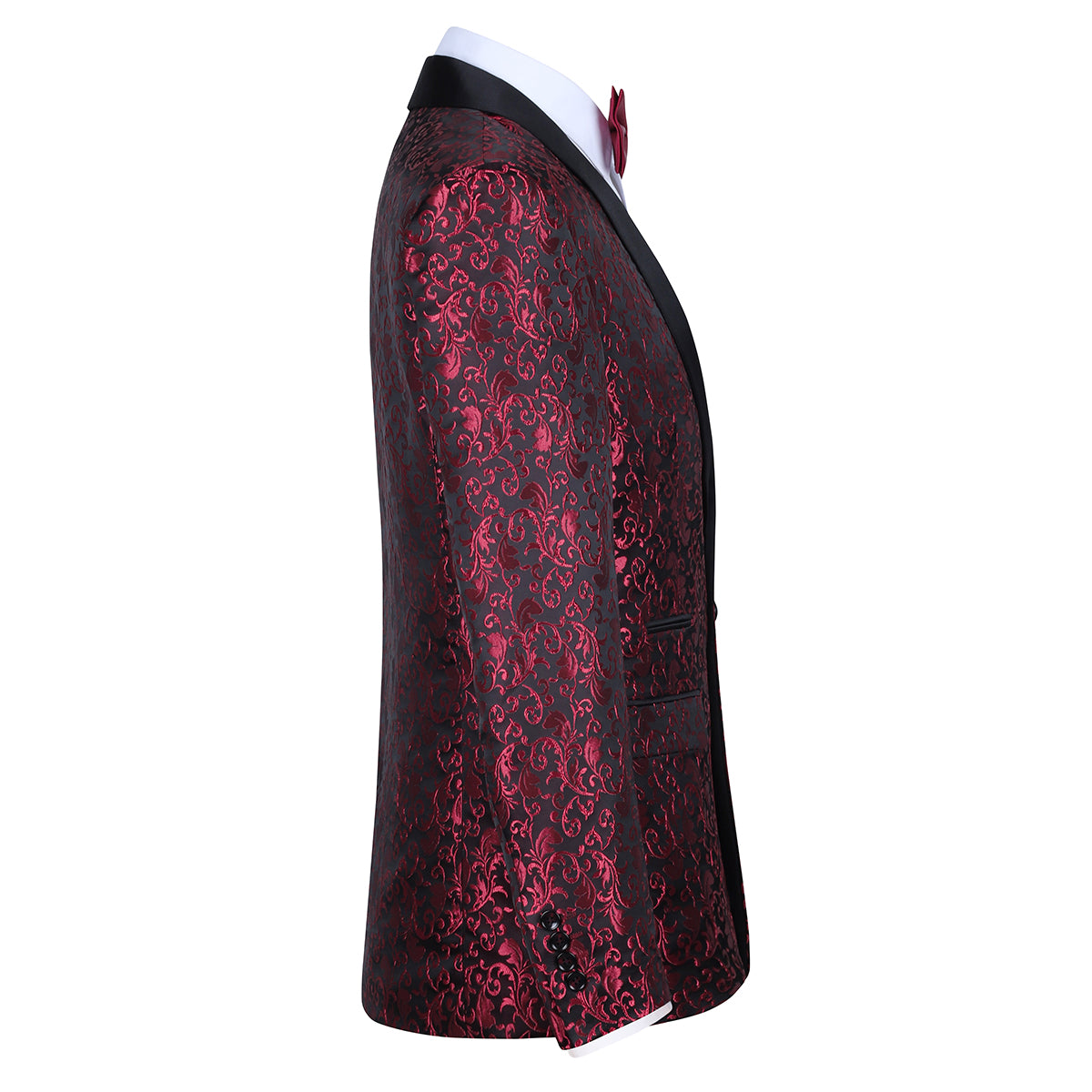Red # Men's floral jacquard dress suit jacket with black shawl collar and single-breasted closure, red printed tux blazer with center vent, exquisite floral pattern, 3D tailored fit and full shoulder design, versatile formal coat for party, prom, wedding, banquet and celebration, isolated on white background.