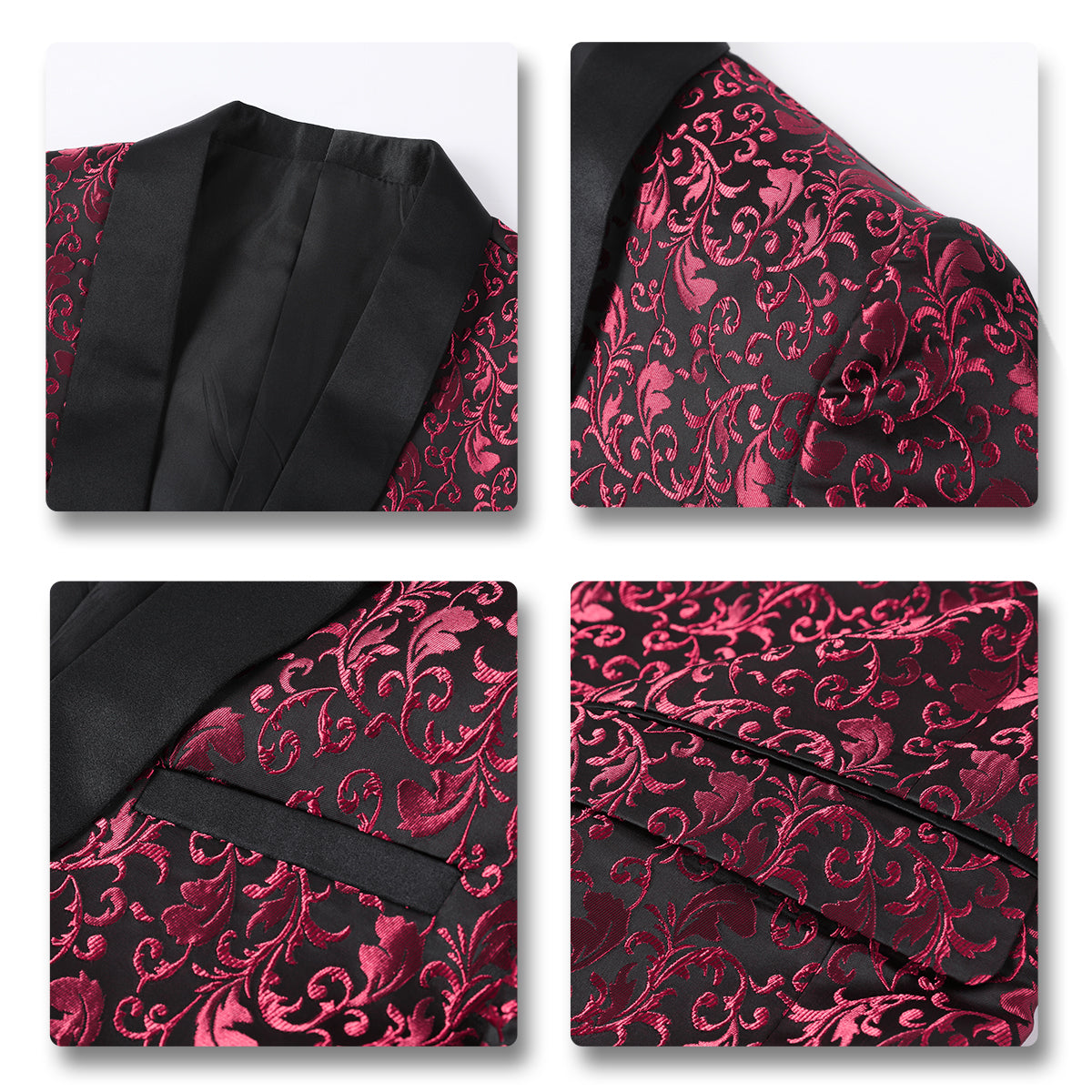 Red # Men's floral jacquard dress suit jacket with black shawl collar and single-breasted closure, red printed tux blazer with center vent, exquisite floral pattern, 3D tailored fit and full shoulder design, versatile formal coat for party, prom, wedding, banquet and celebration, isolated on white background.