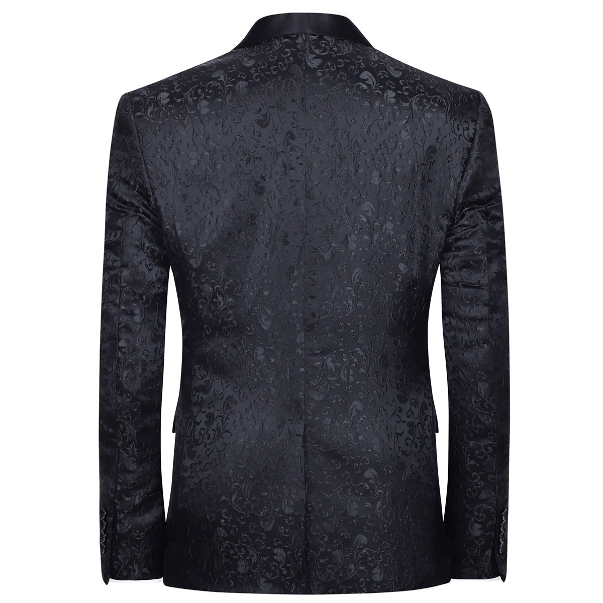Black # Men's floral jacquard dress suit jacket with shawl collar and single-breasted closure, black printed tux blazer with center vent, exquisite floral pattern, 3D tailored fit and full shoulder design, versatile formal coat for party, prom, wedding, banquet and celebration, isolated on white background.