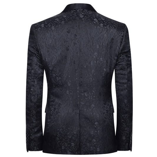 Black # Men's floral jacquard dress suit jacket with shawl collar and single-breasted closure, black printed tux blazer with center vent, exquisite floral pattern, 3D tailored fit and full shoulder design, versatile formal coat for party, prom, wedding, banquet and celebration, isolated on white background.
