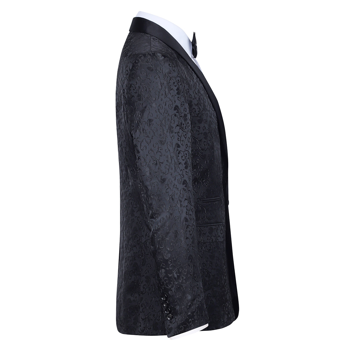 Black # Men's floral jacquard dress suit jacket with shawl collar and single-breasted closure, black printed tux blazer with center vent, exquisite floral pattern, 3D tailored fit and full shoulder design, versatile formal coat for party, prom, wedding, banquet and celebration, isolated on white background.