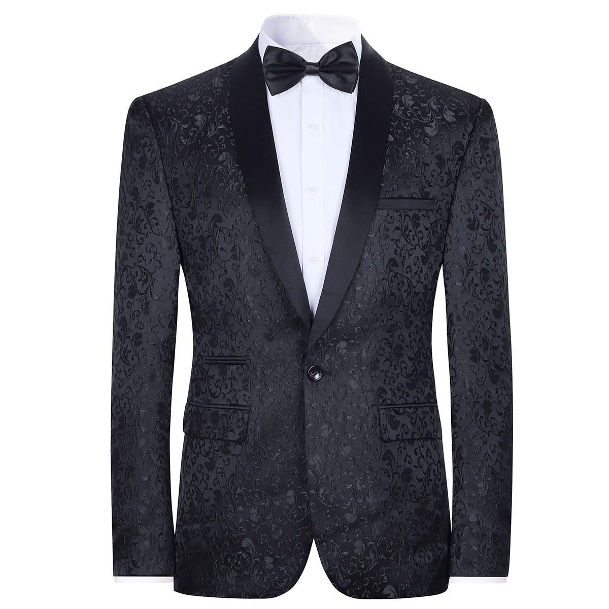 Black # Men's floral jacquard dress suit jacket with shawl collar and single-breasted closure, black printed tux blazer with center vent, exquisite floral pattern, 3D tailored fit and full shoulder design, versatile formal coat for party, prom, wedding, banquet and celebration, isolated on white background.