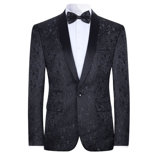 Black # Men's floral jacquard dress suit jacket with shawl collar and single-breasted closure, black printed tux blazer with center vent, exquisite floral pattern, 3D tailored fit and full shoulder design, versatile formal coat for party, prom, wedding, banquet and celebration, isolated on white background.