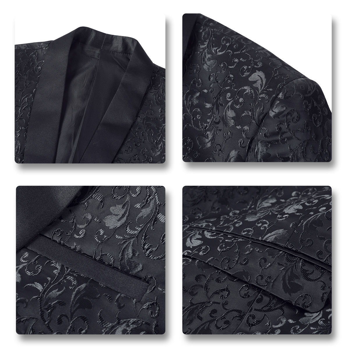 Black # Men's floral jacquard dress suit jacket with shawl collar and single-breasted closure, black printed tux blazer with center vent, exquisite floral pattern, 3D tailored fit and full shoulder design, versatile formal coat for party, prom, wedding, banquet and celebration, isolated on white background.