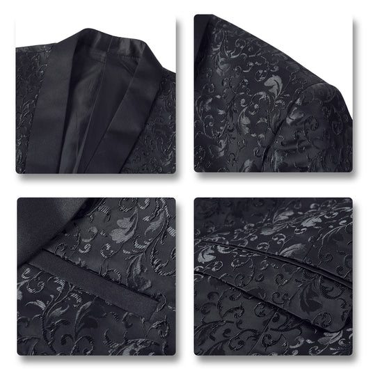 Black # Men's floral jacquard dress suit jacket with shawl collar and single-breasted closure, black printed tux blazer with center vent, exquisite floral pattern, 3D tailored fit and full shoulder design, versatile formal coat for party, prom, wedding, banquet and celebration, isolated on white background.