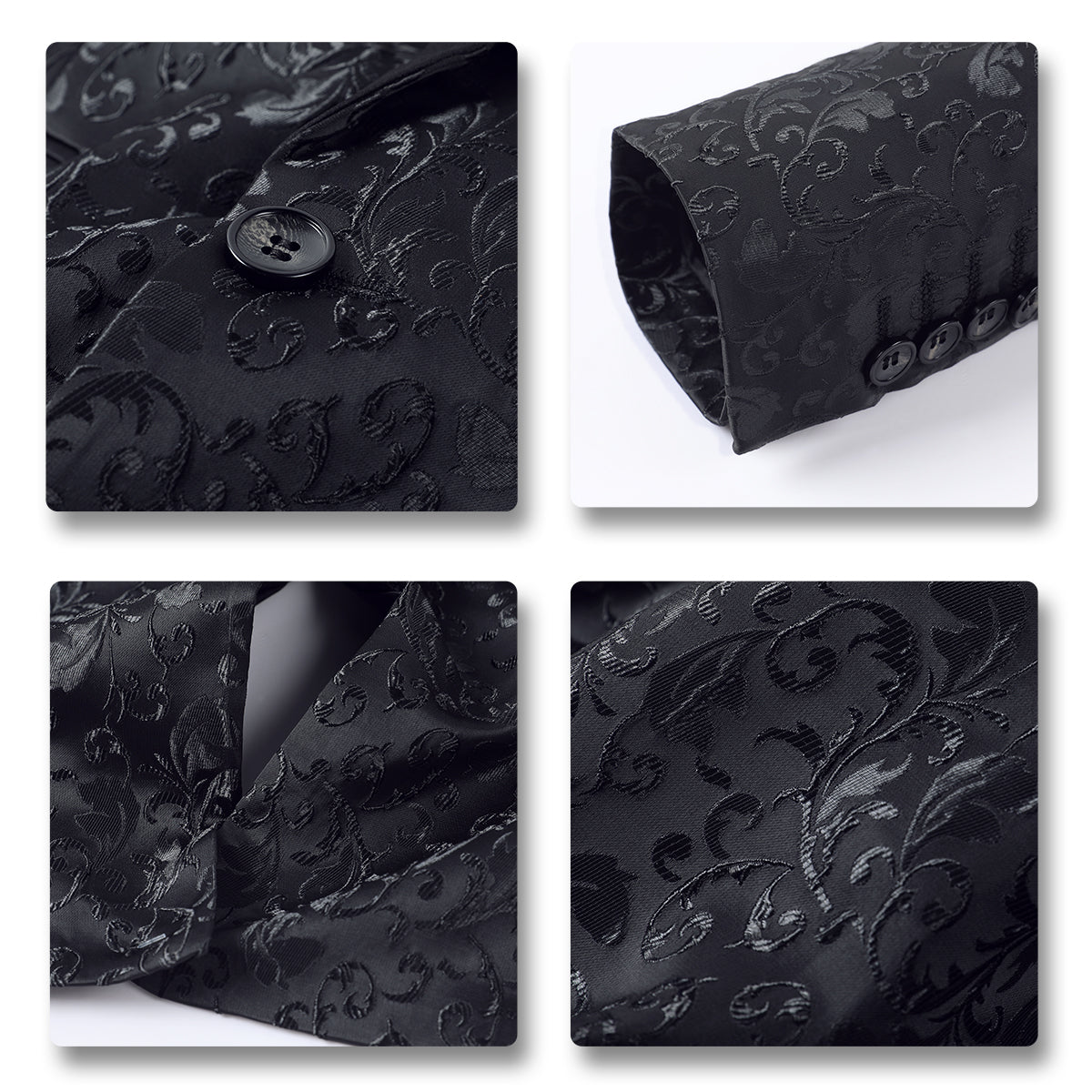 Black # Men's floral jacquard dress suit jacket with shawl collar and single-breasted closure, black printed tux blazer with center vent, exquisite floral pattern, 3D tailored fit and full shoulder design, versatile formal coat for party, prom, wedding, banquet and celebration, isolated on white background.