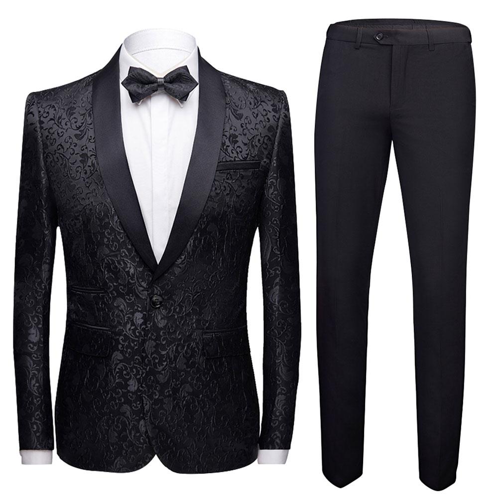 Black # Men's slim fit 2-piece paisley print suit with satin peaked lapel and center vent, black formal blazer jacket with single-breasted button closure and fully lined interior, matching flat-front trousers for wedding, prom, party and special occasions, isolated on white background.